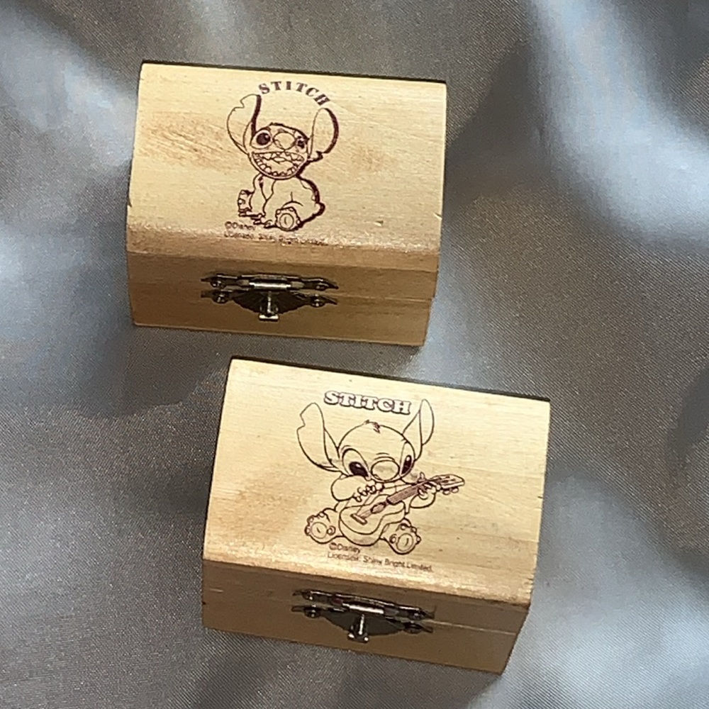 vintage 90's collectible Disney Stitch 2 small hinged wood jewellery boxes